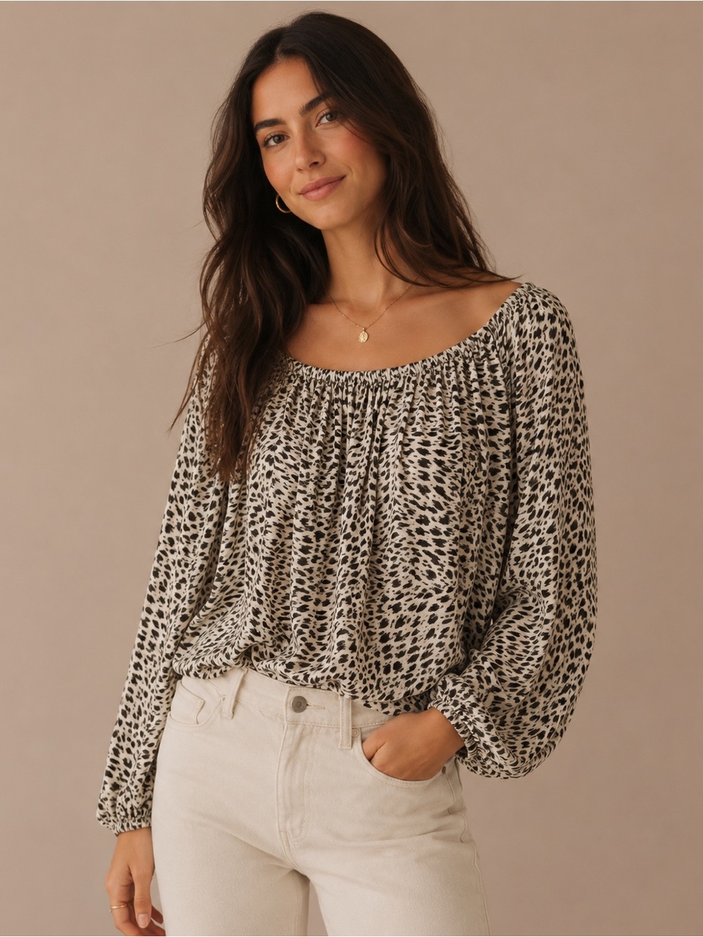 By Anthropologie Cascais Leopard Print Off Shoulder Balloon Sleeve Blouse Top L